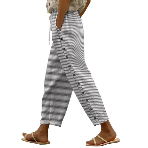 Flmaly vacation outfits for women High Waistband Women's Cotton And Linen Striped Elastic Waistband Pocket Pants Side Nine Point Pants Loose Casual Pants H Shaped Straight Leg Pants Vacation Outfits