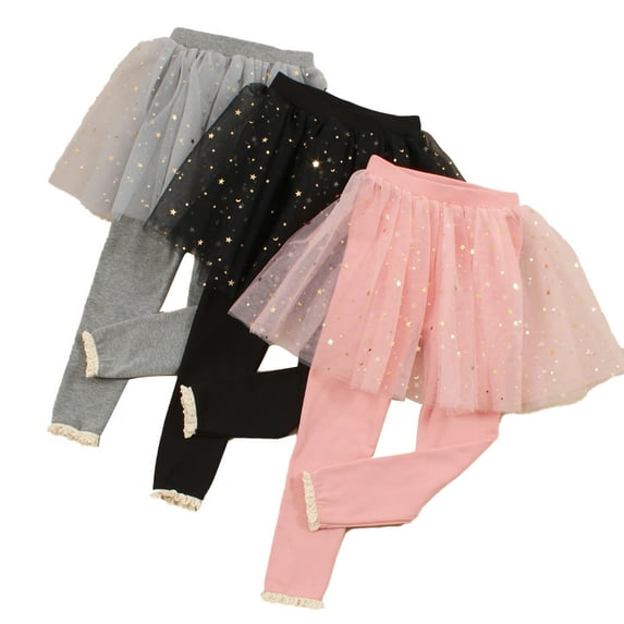 Flmei Kids Toddler Girls Leggings with Skirt Mesh Star Sequins Trousers Baby Spring Summer Tulle Skirt Pants for Girls 2-7 Years