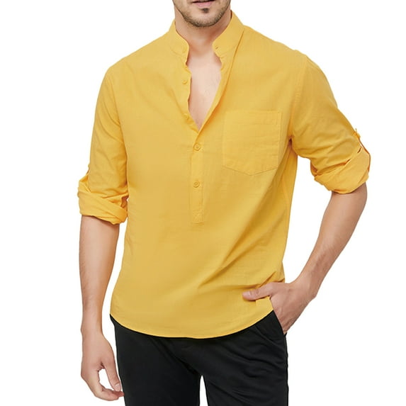 Flmei Men's Cotton Loose Shirts Long Sleeve Henley Shirts Casual Stand-Up T-Shirts with Pocket Men's Formal Literary Blouses Tops S-3XL