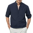thumbnail image 1 of Flmei Men's Cotton Loose Shirts Long Sleeve Henley Shirts Casual Stand-Up T-Shirts with Pocket Men's Formal Literary Blouses Tops S-3XL, 1 of 8