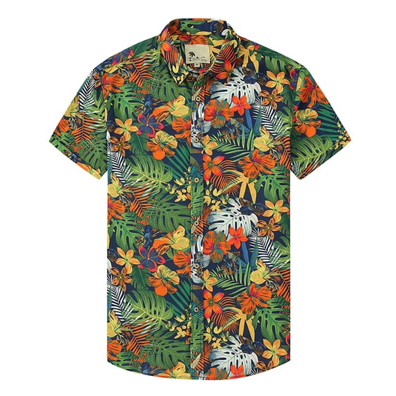 Flmei Mens Lapel Printed Shirt Hawaiian Flower Shirt Men Casual Short Sleeve Beach Blouses Tops for Summer M-3XL