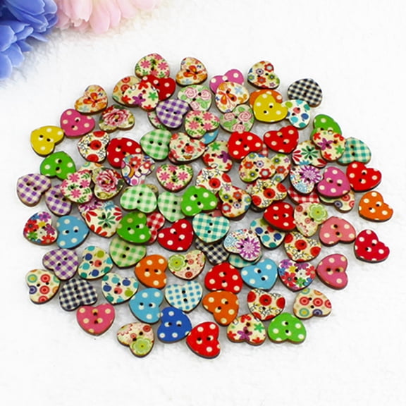 Hevirgo 100Pcs Multicolor Heart Shaped 2 Holes Wood Sewing Scrapbooking Buttons