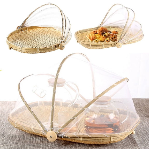 Hevirgo Bamboo Tent Basket Hand Woven Tray Anti Bug Food Fruit Container Net Mesh Cover