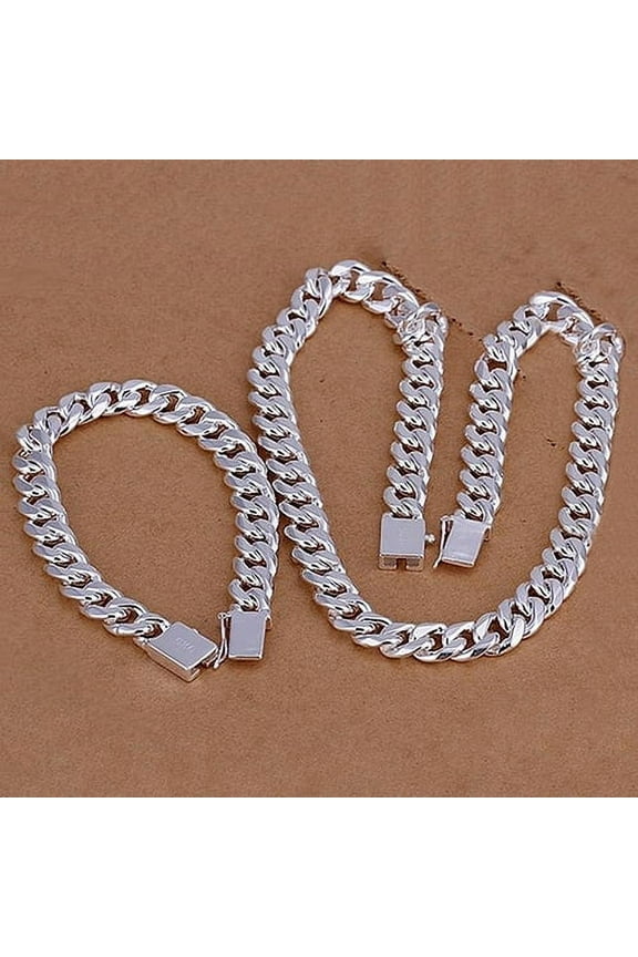 Fashion Men's 925 Sterling Silver Flat Sideways Necklace Bracelet Jewelry Set