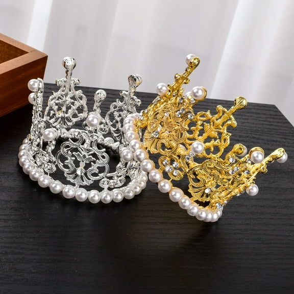 Hevirgo Faux Pearl Crystal Crown Ornament Princess Wedding Birthday Baking Cake Decor