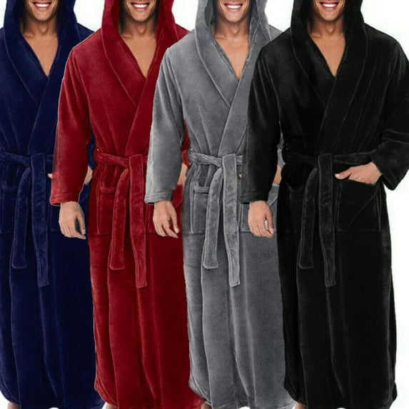Hevirgo Men Soft Coral Fleece Solid Color Pockets Long Bath Robe Home Gown Sleepwear