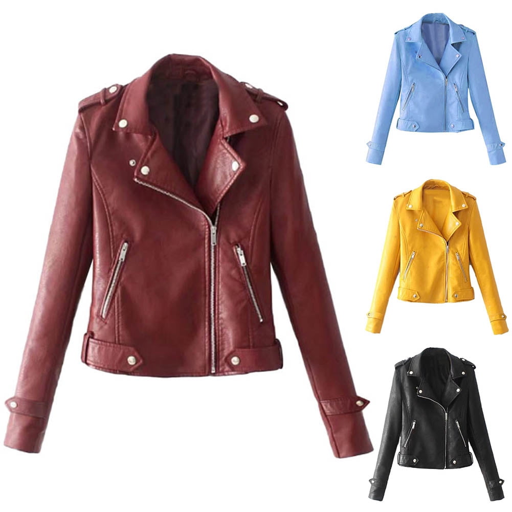 Hevirgo Solid Color Women Faux Leather Lapel Motorcycle Jacket Long Sleeve Zip Up Coat