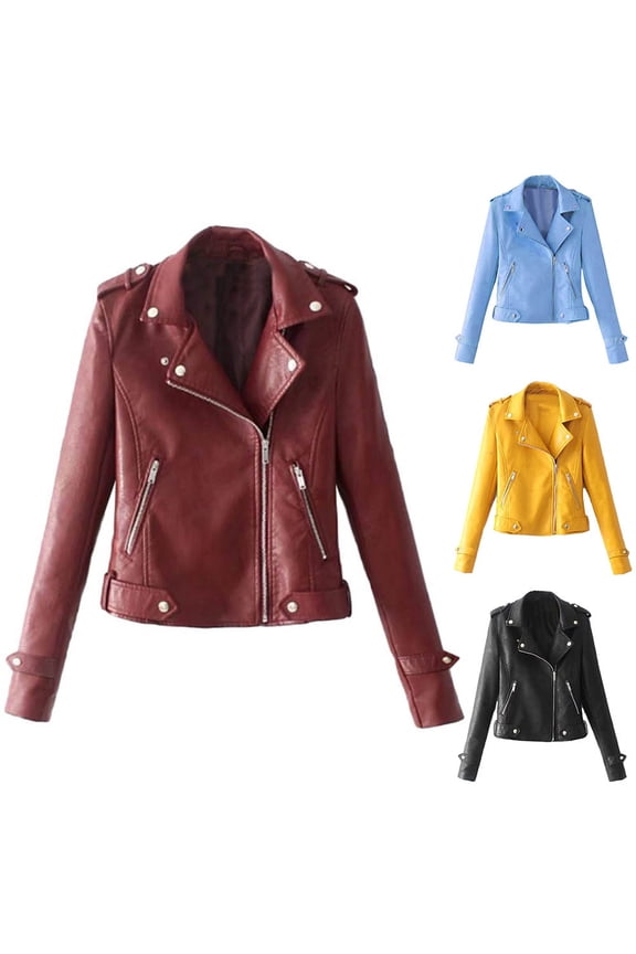 Solid Color Women Faux Leather Lapel Motorcycle Jacket Long Sleeve Zip Up Coat
