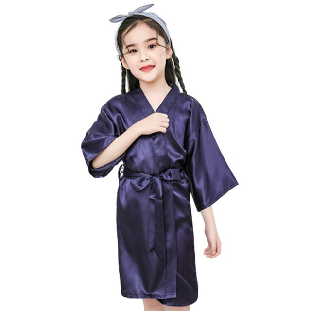 Flmtop Summer Girls Silk Robe Solid Color Children Pajamas Kids Soft Bathrobe Sleepwear