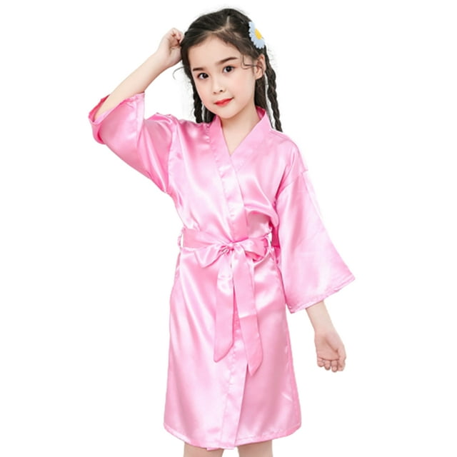 Flmtop Summer Girls Silk Robe Solid Color Children Pajamas Kids Soft Bathrobe Sleepwear