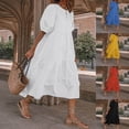 thumbnail image 1 of Flmtop Women Dress Short Sleeve Large Hem Cotton-flax Solid Color O Neck Loose Midi Dress for Summer, 1 of 8
