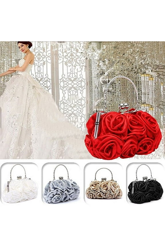 Women Fashion Rose Flower Pattern Faux Silk Handbag Bridal Clutch Bag for Wedding Evening Party