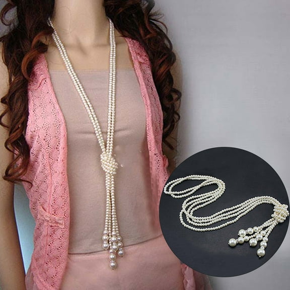Flmtop Women Faux Pearl Tassel Pendant Long Chain Charms Sweater Necklace