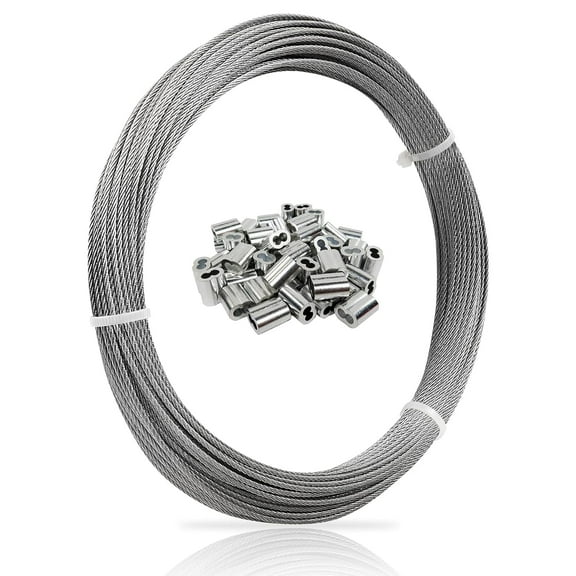 Flngr Wire Rope, 1/16 100FT 304 Stainless Steel Cable with 50Pcs Crimp Sleeves for Outdoor String Lights, Railing, Decking, Garden