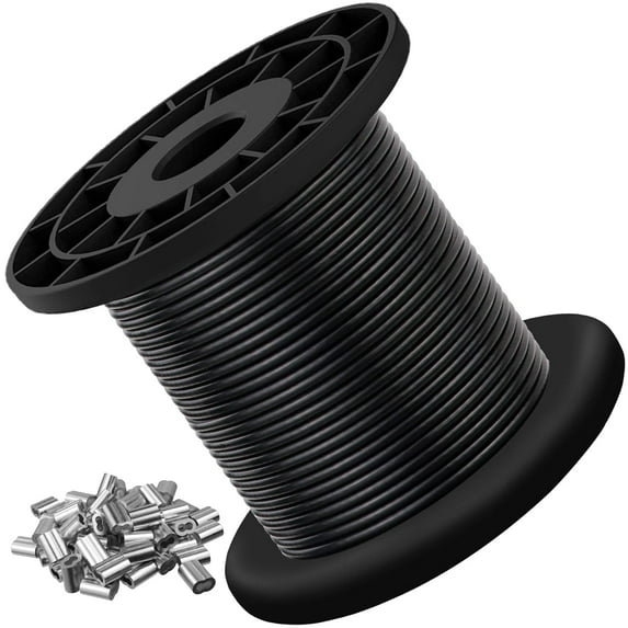 Flngr 1/16 Wire Rope 304 Stainless Steel, Black Vinyl Coated,100ft