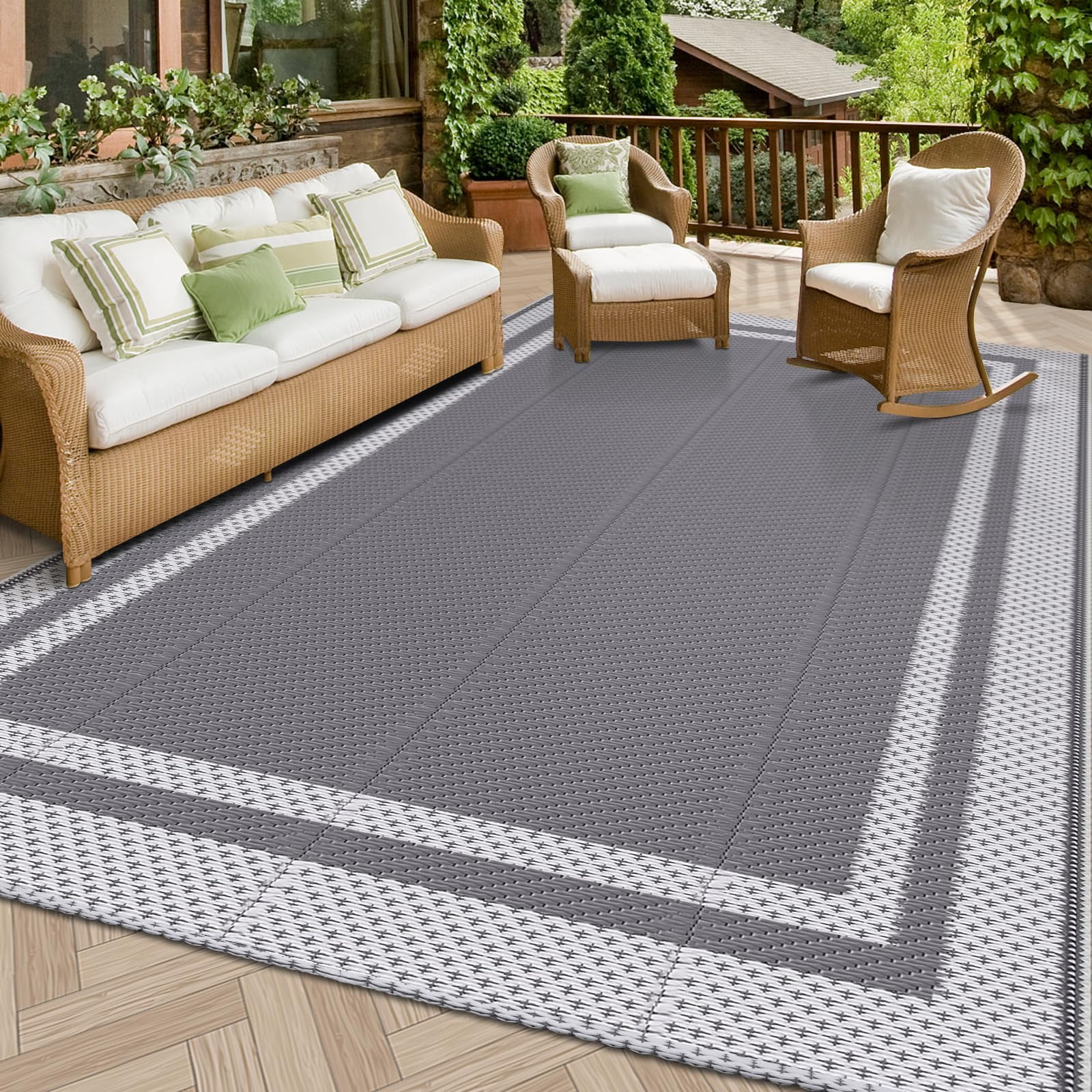 Flngr 8 x 10 ft Outdoor Rug Reversible Portable Plastic Straw Camping Rugs for Outside RV,Waterproof Outdoor Area Rugs for Patio,Deck,Porch,Balcony, White&Gray
