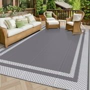 Flngr 8 x 10 ft Outdoor Rug Reversible Portable Plastic Straw Camping Rugs for Outside RV,Waterproof Outdoor Area Rugs for Patio,Deck,Porch,Balcony, White&Gray