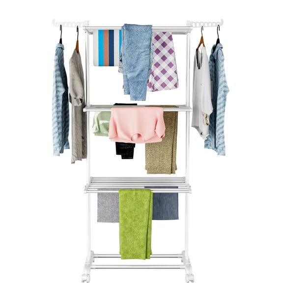 Flngr Drying Rack for Clothes, Large 4-Tier Foldable Drying Rack Clothin, Movable Drying Rack with 4 castors. Multifunctional Stainless Steel Laundry Drying Rack,White