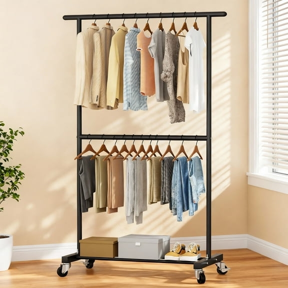 Flngr Clothes Racks with Wheels , Clothes Rack for Hanging Clothes, Freestanding Metal Clothing Rack with Shelves