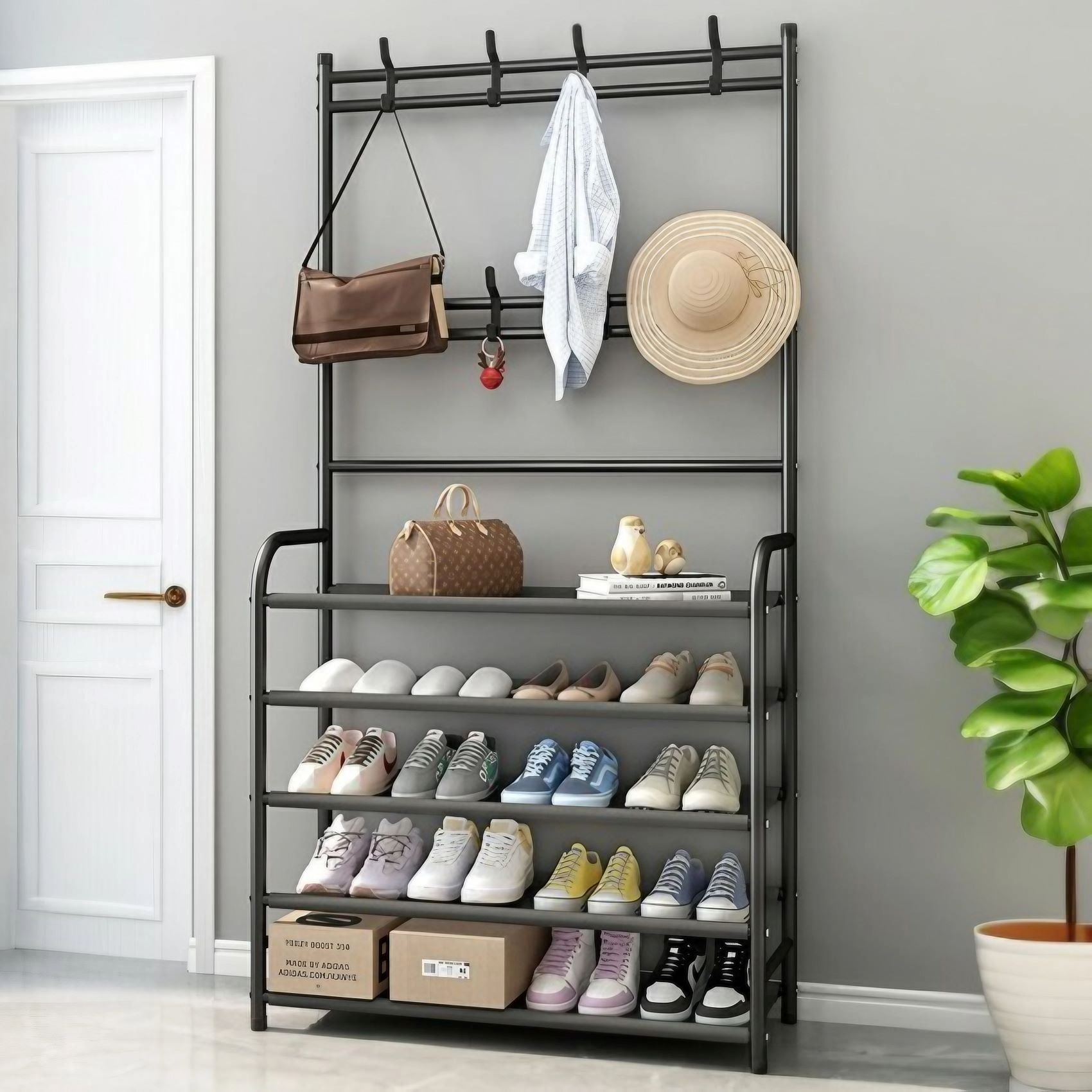 Flngr Coat Rack,Coat Rack Stand with Shoe Storage,5 Shelves Storage for