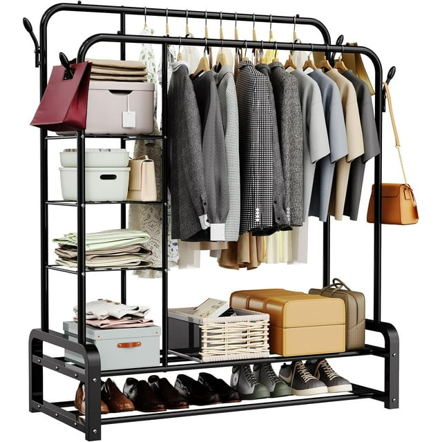 Flngr Heavy Duty Clothes Rack,Clothing Racks with 4 Hooks and Storage ...