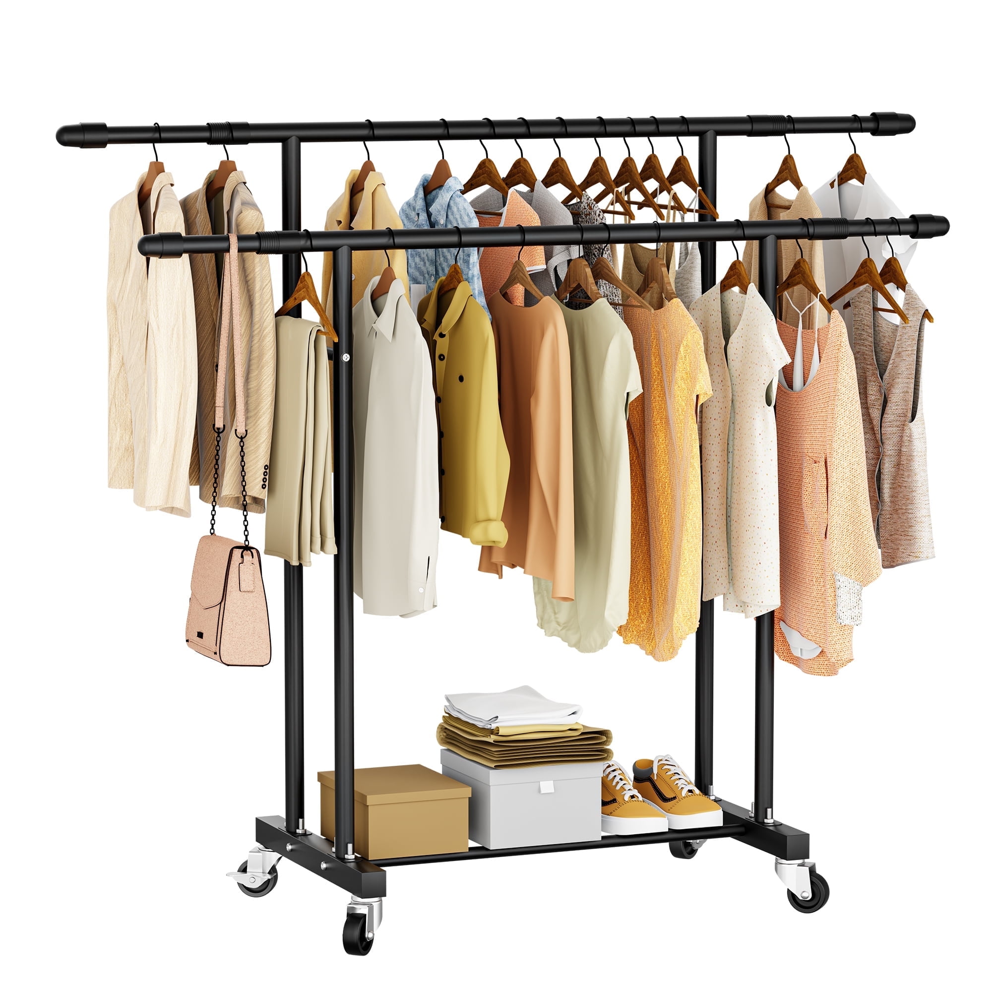 Flngr Heavy Duty Clothes Rack, Standing Rolling Clothing Rack for Hanging Clothes with Sturdy Wheels & Shelves, Portable Closet Wardrobe Rack