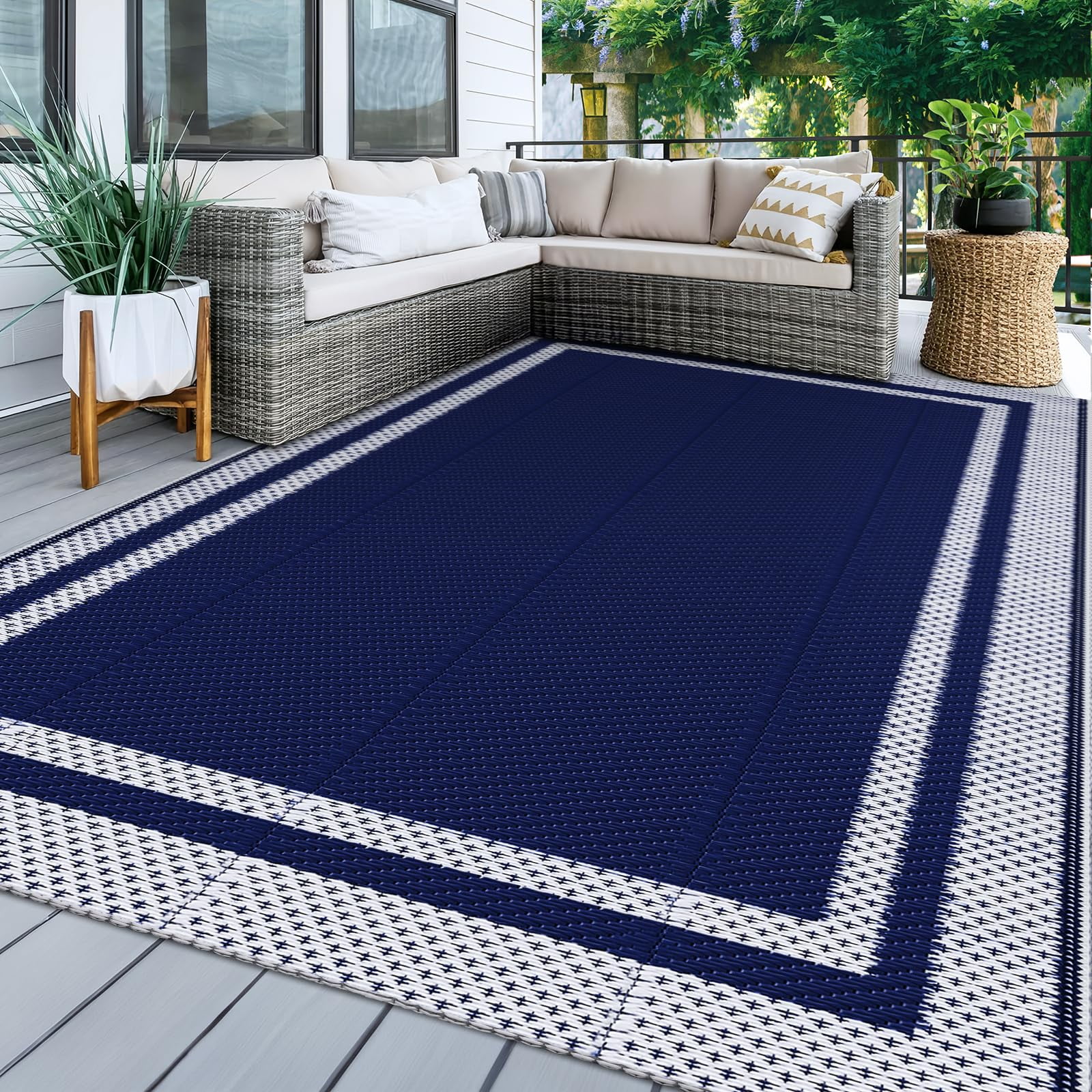 Flngr Waterproof  Outdoor Rug, 8 x 10 ft Reversible Patio Rugs, Outdoor Area Rug Foldable Plastic Camping Rugs for Outside RV, Patio,Picnic,Camper,Balcony,Porch (Blue &White)