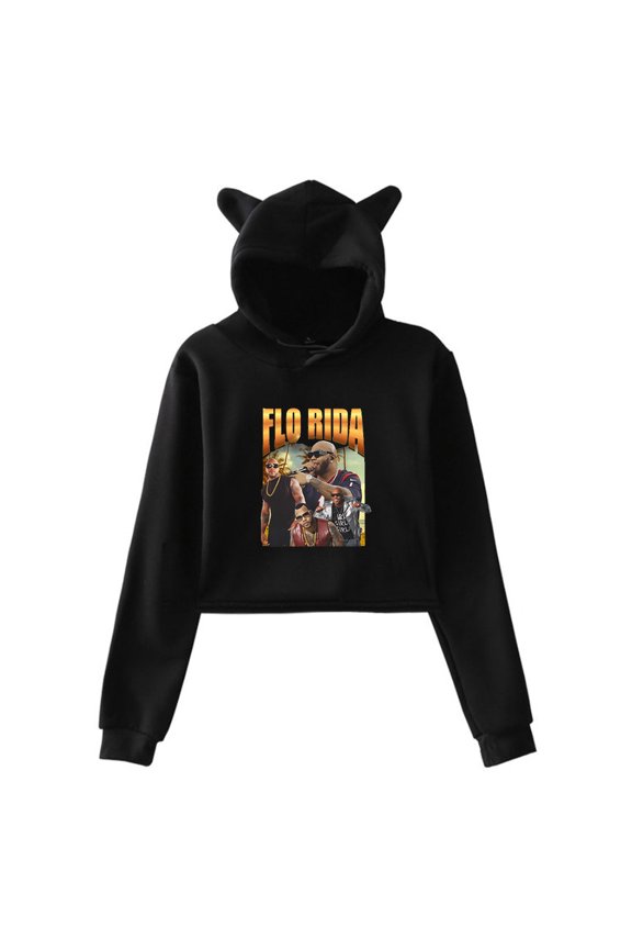 Flo Rida Rapper Vintage Pullover Cat Ears Hoodie Long Sleeve Crop Top Women's Clothes