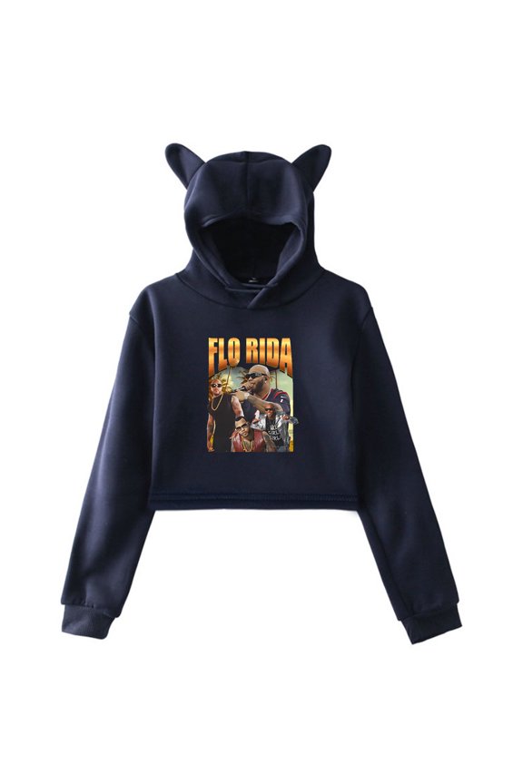 Flo Rida Rapper Vintage Pullover Cat Ears Hoodie Long Sleeve Crop Top Women's Clothes