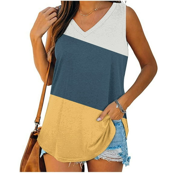 FloHua Back to School Womens Tank Tops Tank Top for Women V-Neck Color Block Womens Print Tank Tops V-Neck Basic Casual Flowy Summer Sleeveless T-Shirt