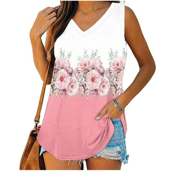 FloHua Back to School Womens Tank Tops Tank Top for Women V-Neck Floral Print Womens Print Tank Tops V-Neck Basic Casual Flowy Summer Sleeveless T-Shirt