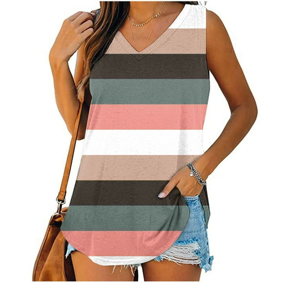 FloHua Back to School Womens Tank Tops Tank Top for Women V-Neck Striped Womens Print Tank Tops V-Neck Basic Casual Flowy Summer Sleeveless T-Shirt