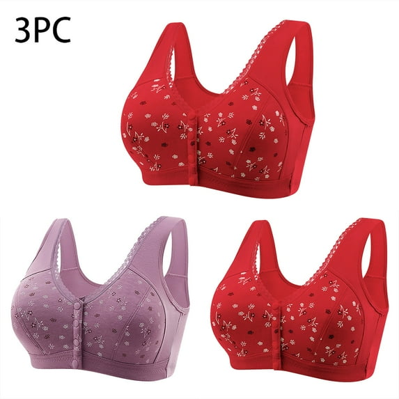 FloHua Bras for Women Bralettes for Women Plus 3 Pack 3PC Women Front Buckle For Middle-Aged And Elderly Underwear Soft Cotton Oversized Tank Top Without Steel Ring Printed Bra