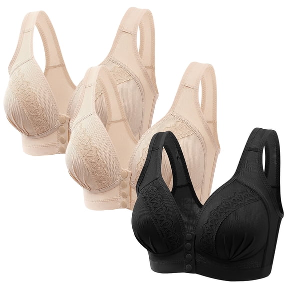 FloHua Bras for Women Plus Size Bralettes for Women with Support 3 Pack 3PC Ladies Traceless Comfortable No Steel Ring Breathable Gathering Front Opening Buckle Bra Woman Underwear
