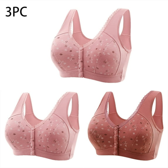 FloHua Bras for Women Plus Size Bralettes for Women with Support 3 Pack Women Front Buckle For Middle-Aged And Elderly Underwear Soft Cotton Oversized Tank Top Without Steel Ring Printed Bra