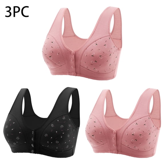 FloHua Bras for Women Plus Size Bralettes for Women with Support 3 Pack Women Middle-Aged And Elderly Printed Front Buckle Without Steel Ring Underwear Soft Cotton Large Size Underwear