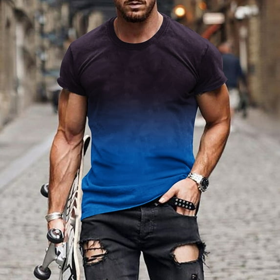 FloHua Men's T-Shirts Short Sleeve Round Neck Dark Blue T Shirts for Men Color Block Men's T-shirt Not Positioned Regular Print Leisure Vacation Sports Blouses