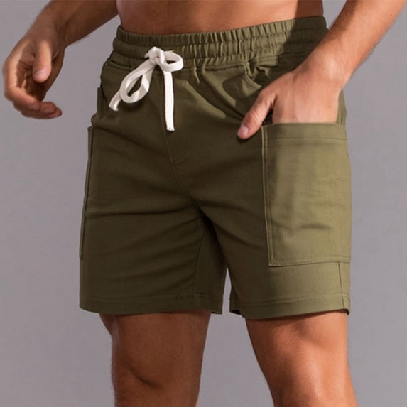 FloHua Gym Shorts Men Army Green Mens Shorts Casual Plain with Pockets Elastic Waist Drawstring Straight Leg Pants Men Fashion Multi-pocket Cotton Sports Lace-up Shorts