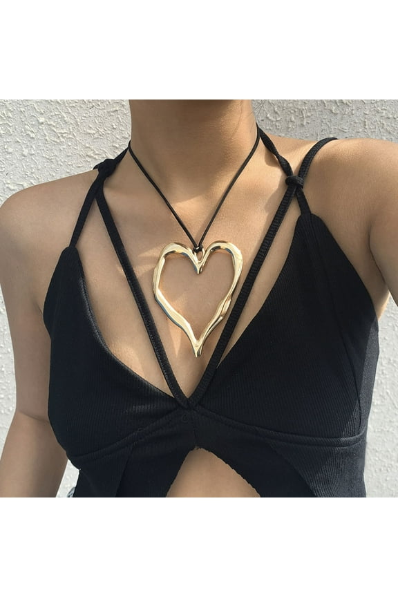 FloHua Mother's Day Decor Bayetss Heart Necklaces For Women Beautiful Vintage Adjustable Large Love Pendant Necklace With Leather Rope Chain Home Decor