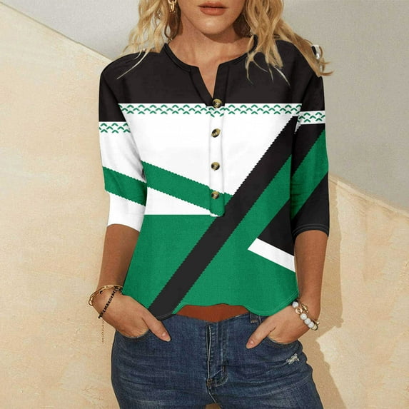 FloHua Women's T-Shirts 3/4 Sleeve V-Neck Green T Shirts for Women Color Block Button Front Women's Loose Top