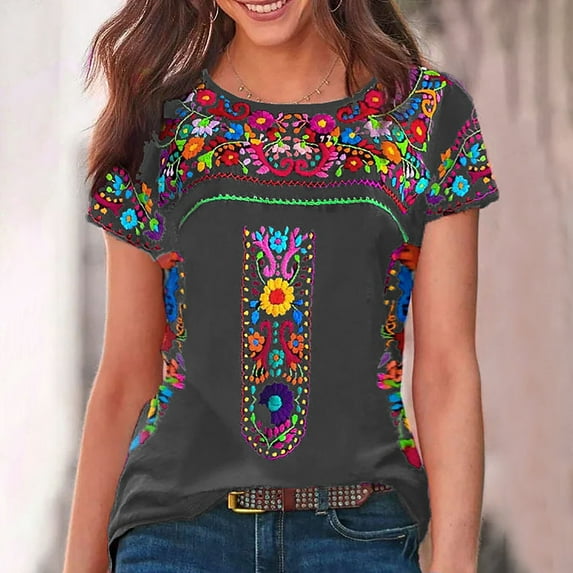 FloHua Women's T-Shirts Short Sleeve Round Neck Gray T Shirts for Women Tribal Print Fashion Woman Causal Summer Tops
