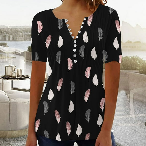 FloHua Womens Blouses Short Sleeve Print V-Neck Women's Fashion Casual Round Neck Pleated Solid Color Button Top Blouse