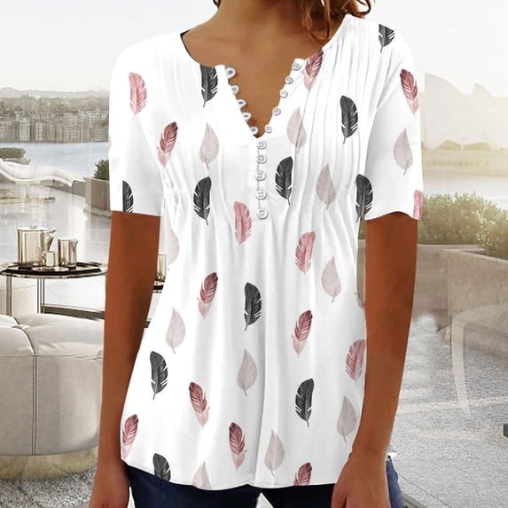 FloHua Womens Blouses Short Sleeve Print V-Neck Women's Fashion Casual Round Neck Pleated Solid Color Button Top Blouse