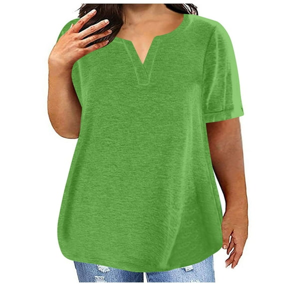 FloHua Womens Blouses Short Sleeve Solid V-Neck Women's V-neck Solid Color Oversized T-shirt Top