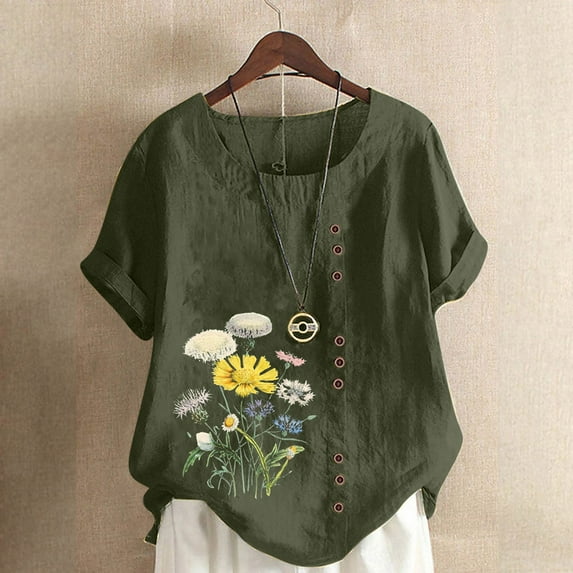 FloHua Womens Blouses Short Sleeve Round Neck Army Green Blouses for Women Clearance Flower Print Button Front Women Casual Plus Size Tops