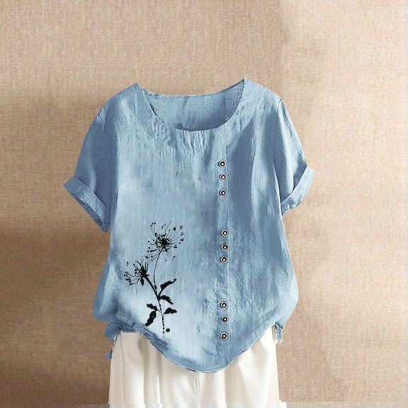 FloHua Womens Blouses Short Sleeve Round Neck Light Blue Blouses for Women Flower Print Button Front Fashion Women Summer Loose Casual Tops