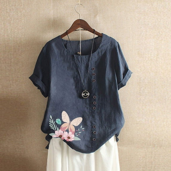 FloHua Womens Blouses Short Sleeve Round Neck Navy Blouses for Women Flower Print Button Front Fashion Women Summer Loose Casual Tops