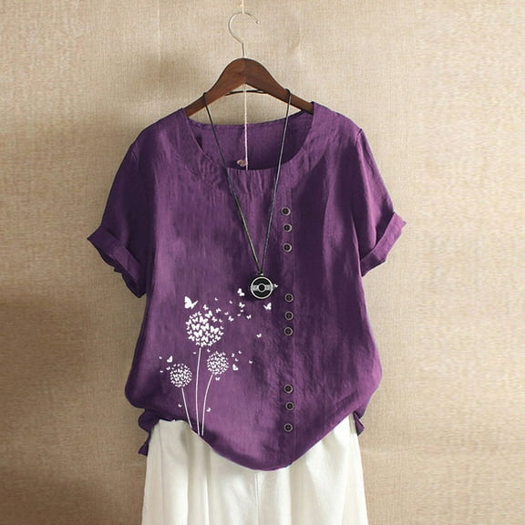 FloHua Womens Blouses Short Sleeve Round Neck Purple Blouses for Women Flower Print Button Front Fashion Women Summer Loose Casual Tops