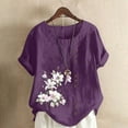 thumbnail image 1 of FloHua Womens Blouses Short Sleeve Round Neck Purple Blouses for Women Flower Print Button Front Women Casual Plus Size Tops, 1 of 4