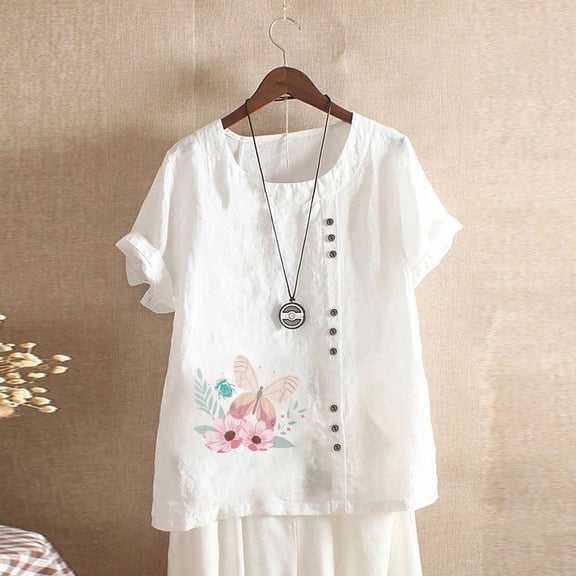 FloHua Womens Blouses Short Sleeve Round Neck White Blouses for Women Flower Print Button Front Fashion Women Summer Loose Casual Tops